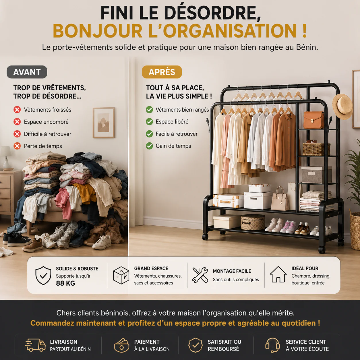 Porte-vêtements Avec étagères Fer inoxydable (88kg de Charge) Solide