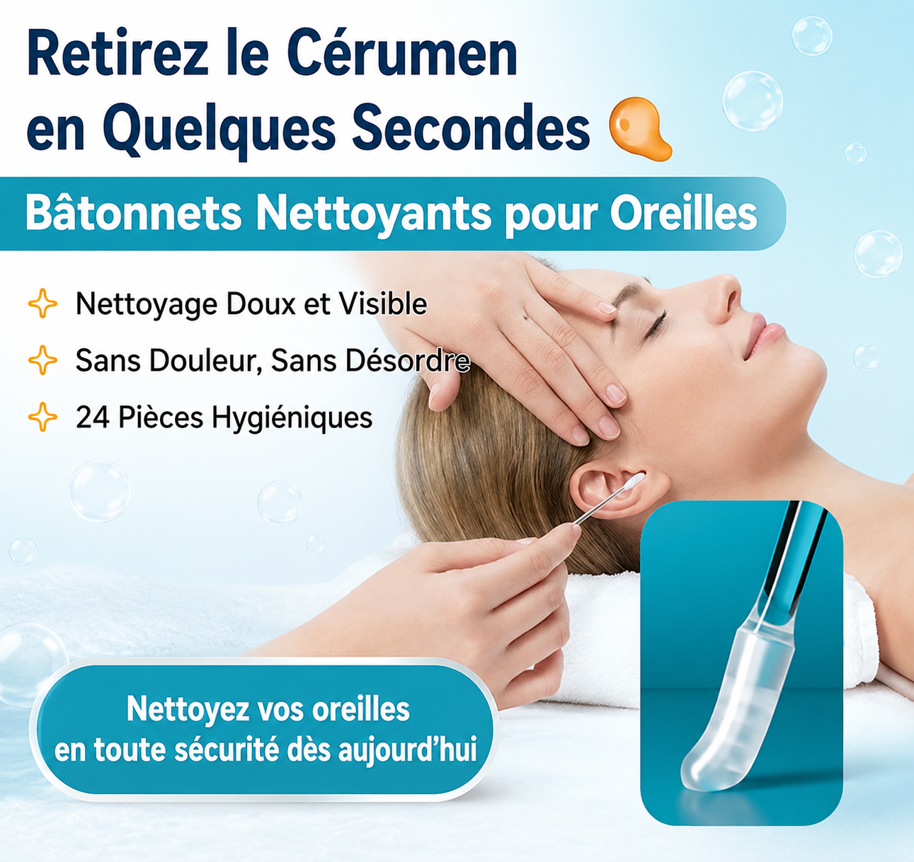 Bâtonnet Adhésif Réutilisable de Nettoyage pour Conduit Auditif- Soins des oreilles doux et visibles