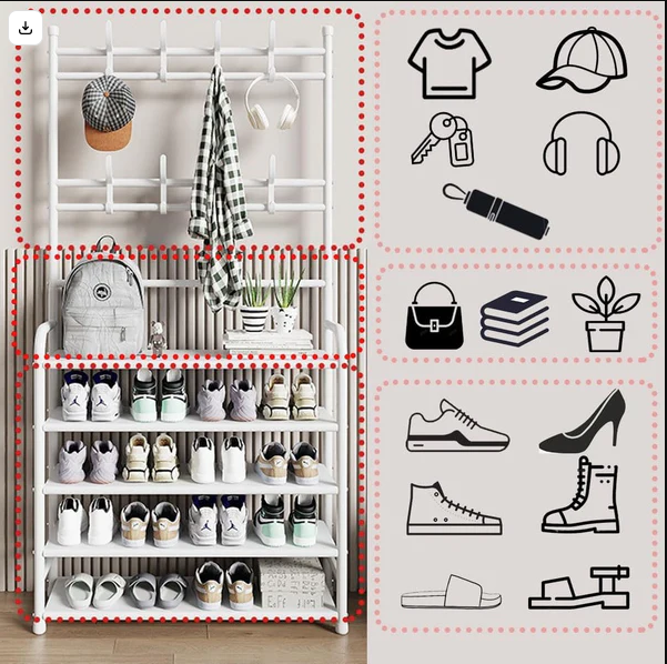 Grand Porte-Manteau en fer avec Étagère à Chaussures Intégrée à 5 Niveaux