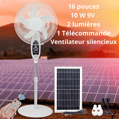 Ventilateur rechargeable avec panneau solaire et 2 ampoules