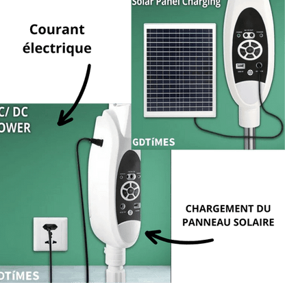 Ventilateur rechargeable avec panneau solaire et 2 ampoules