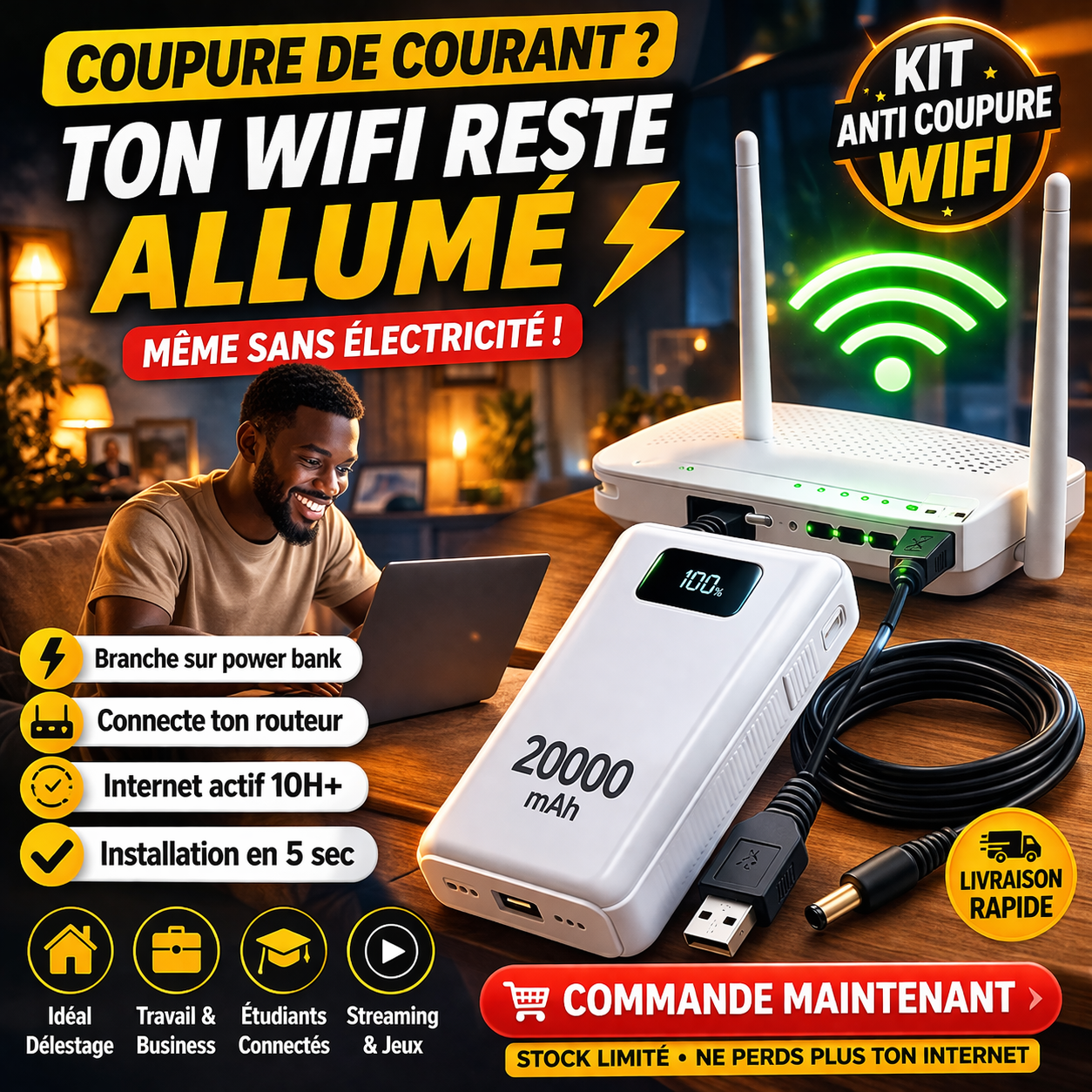 KIT ANTI COUPURE WIFI – Power Bank 20000mAh + Câble Routeur ⚡