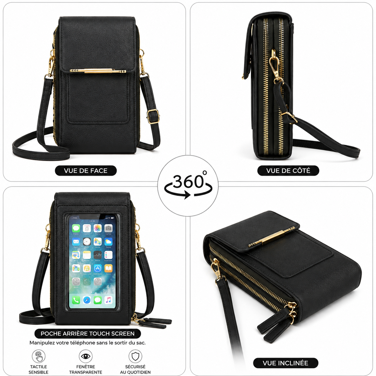 Sacoche pour téléphone portable à écran tactile pour femme( COULEUR DISPONIBLE : NOIR UNIQUEMENT)