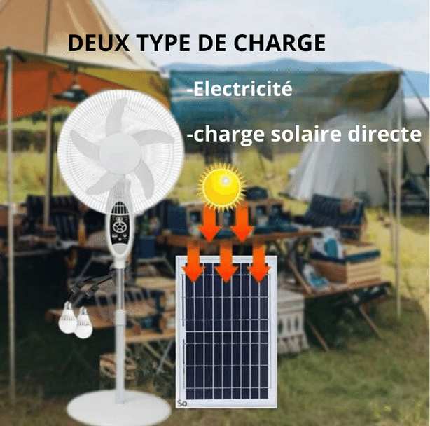 Ventilateur rechargeable avec panneau solaire et 2 ampoules