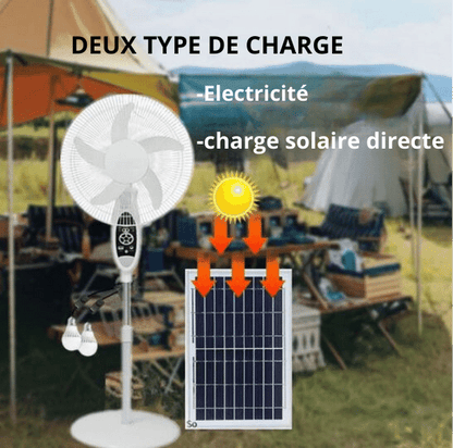Ventilateur rechargeable avec panneau solaire et 2 ampoules