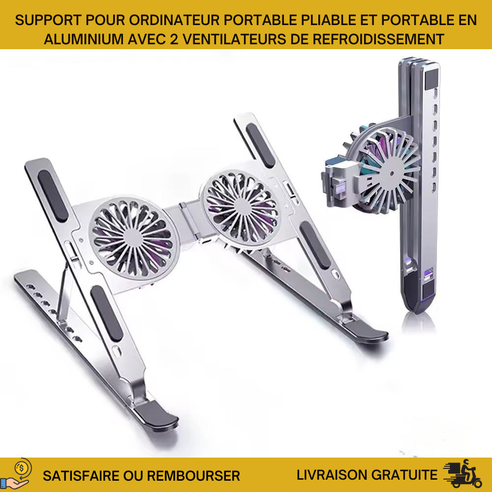 Support pour ordinateur portable pliable et portable en aluminium avec 2 ventilateurs de refroidissement