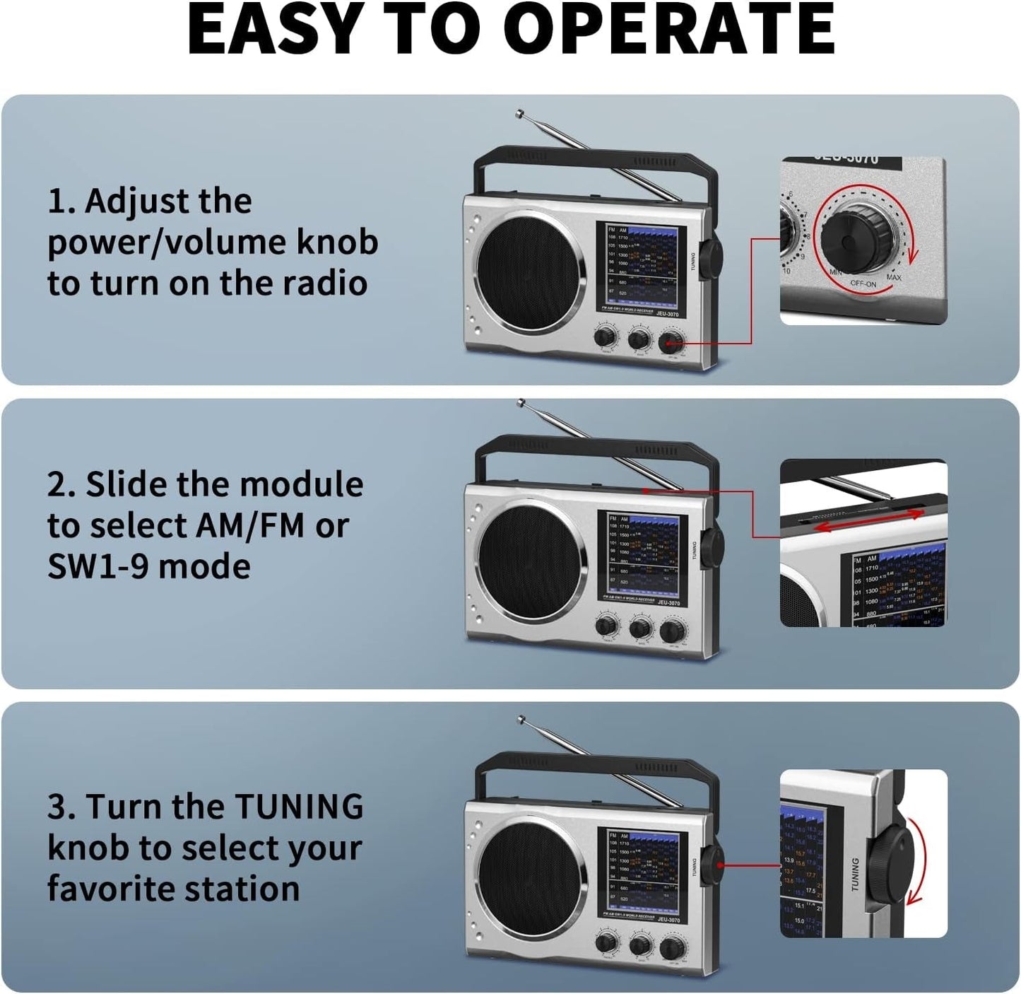 Radio MEGA SONIKA SA-3070U-BT-11 Bandes,Baterie Rehargeable,USB,MP3