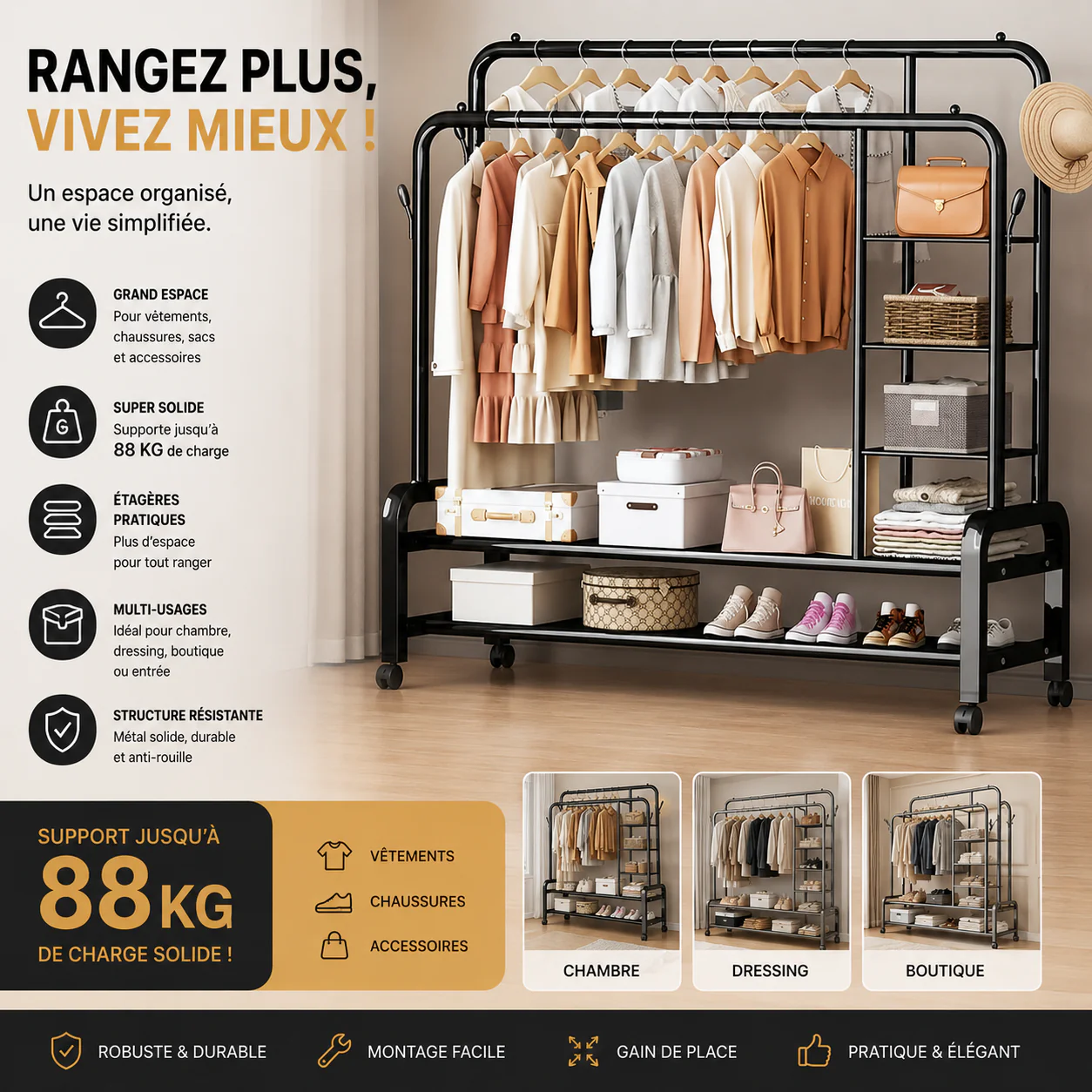 Porte-vêtements Avec étagères Fer inoxydable (88kg de Charge) Solide