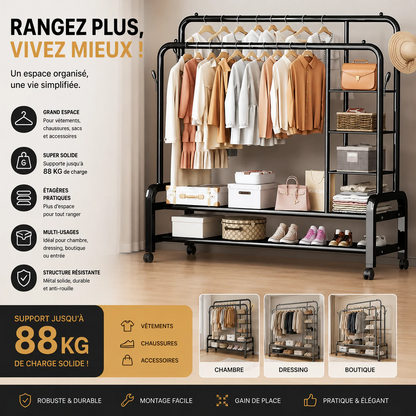 Porte-vêtements Avec étagères Fer inoxydable (88kg de Charge) Solide