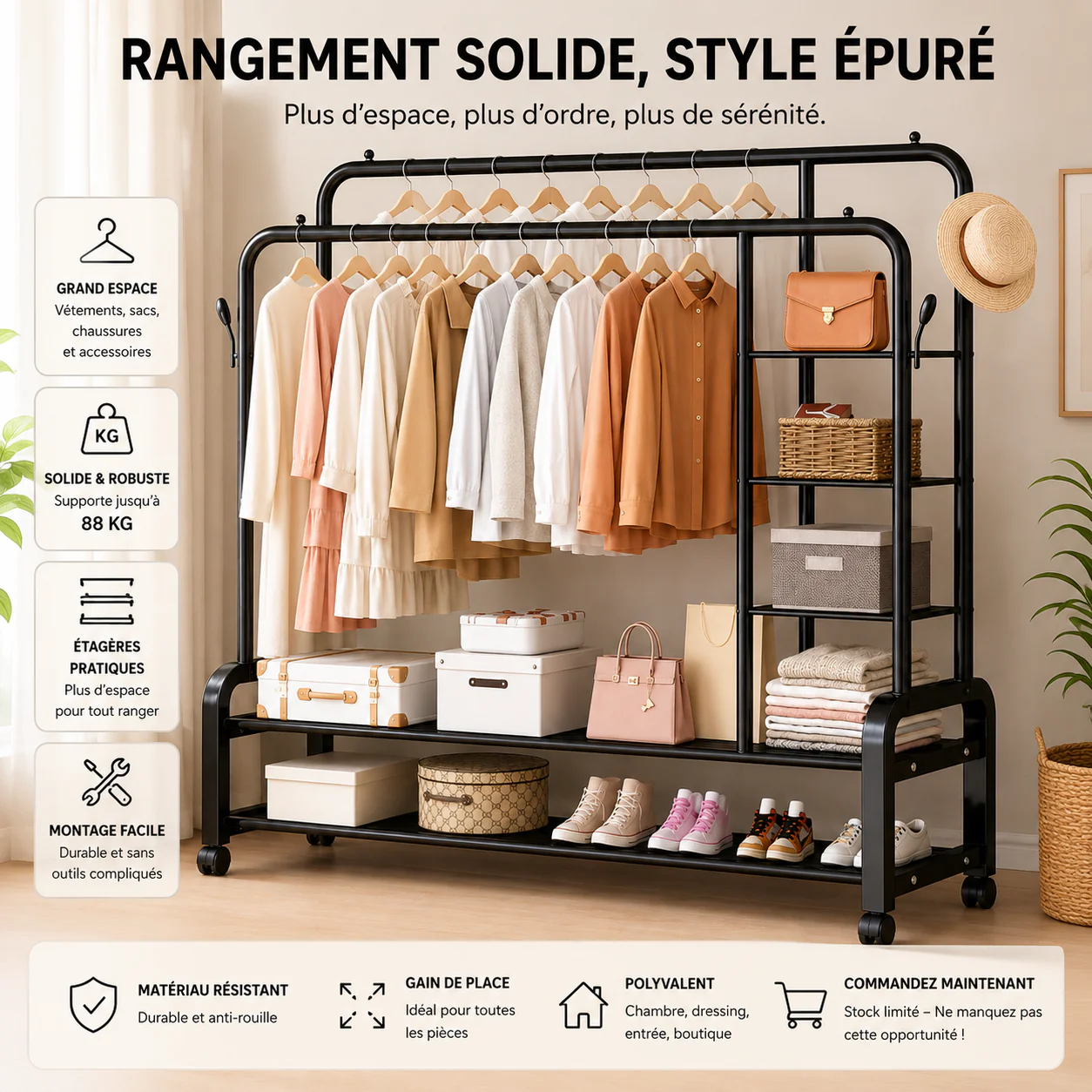 Porte-vêtements Avec étagères Fer inoxydable (88kg de Charge) Solide
