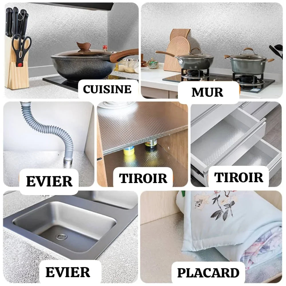 Papier Peint Cuisine Aluminium – Imperméable & Résistant à la Chaleur, Auto-Adhésif | Longueur 5 mètres | Largeur 60 centimètres