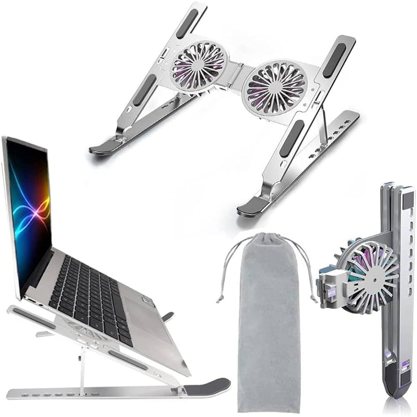 Support pour ordinateur portable pliable et portable en aluminium avec 2 ventilateurs de refroidissement