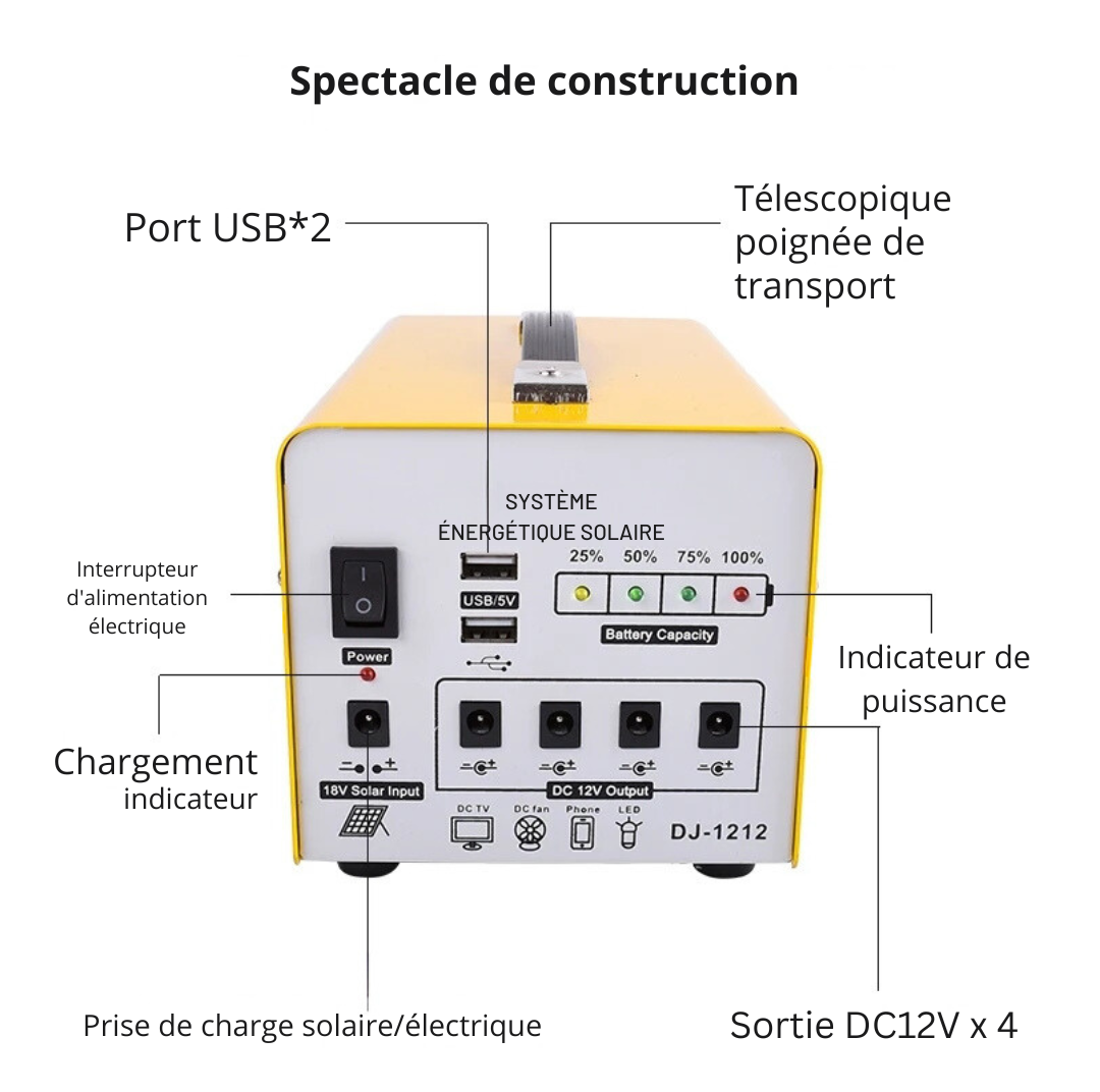 Mini centrale solaire Portable 12V, générateur, avec panneau solaire, Profitez de 4 lampes LED offertes gratuitement