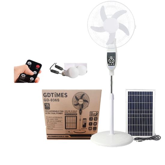 Ventilateur rechargeable avec panneau solaire et 2 ampoules